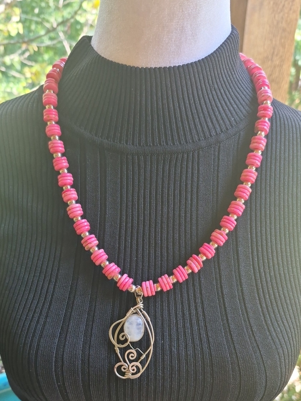 HANDCRAFTED Pink Beaded Necklace with Silver Wire Swirl Pendant